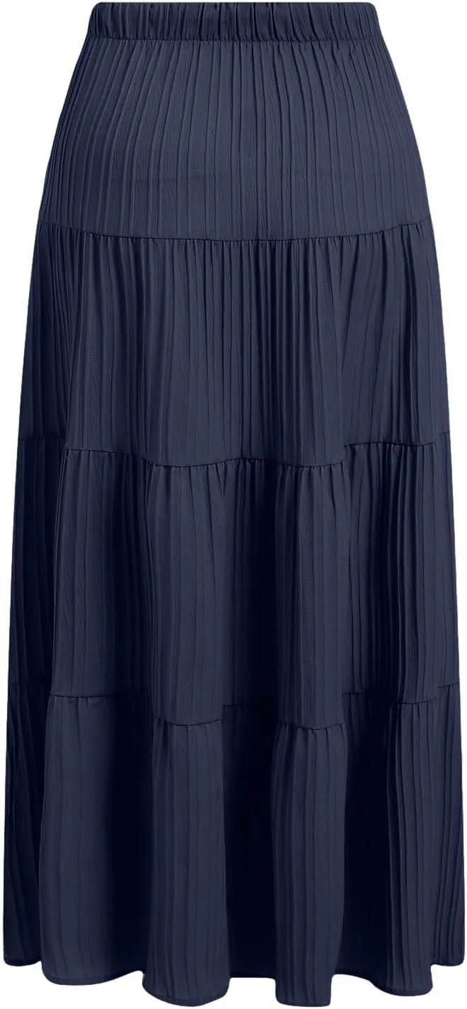 Skirt for Women Summer 2025 Trendy Boho Elastic High Waisted A-Line Flowy Ruffle Swing Long Tiered Maxi Skirts
