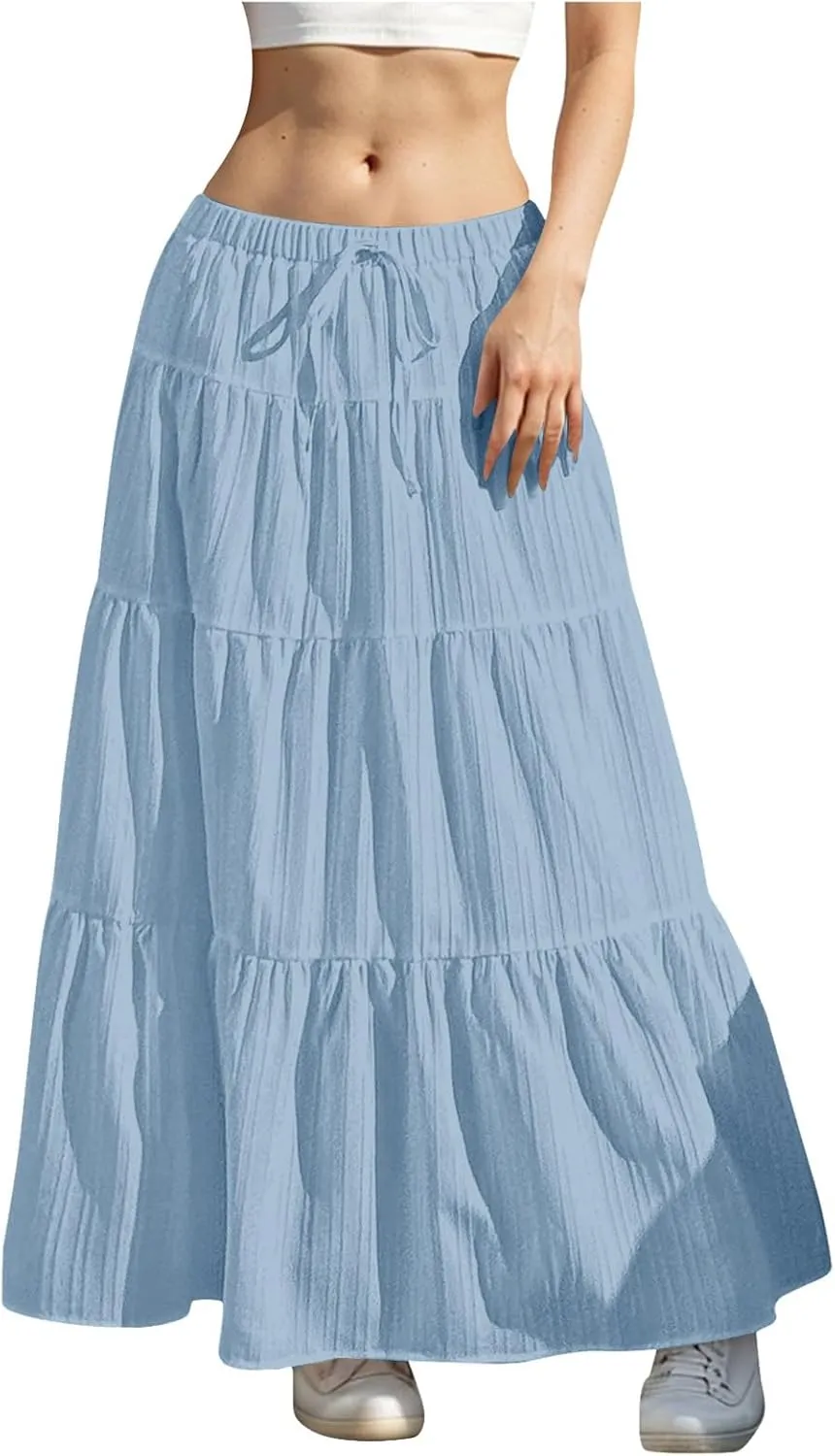 Skirt for Women Summer 2025 Trendy Boho Elastic High Waisted A-Line Flowy Ruffle Swing Long Tiered Maxi Skirts