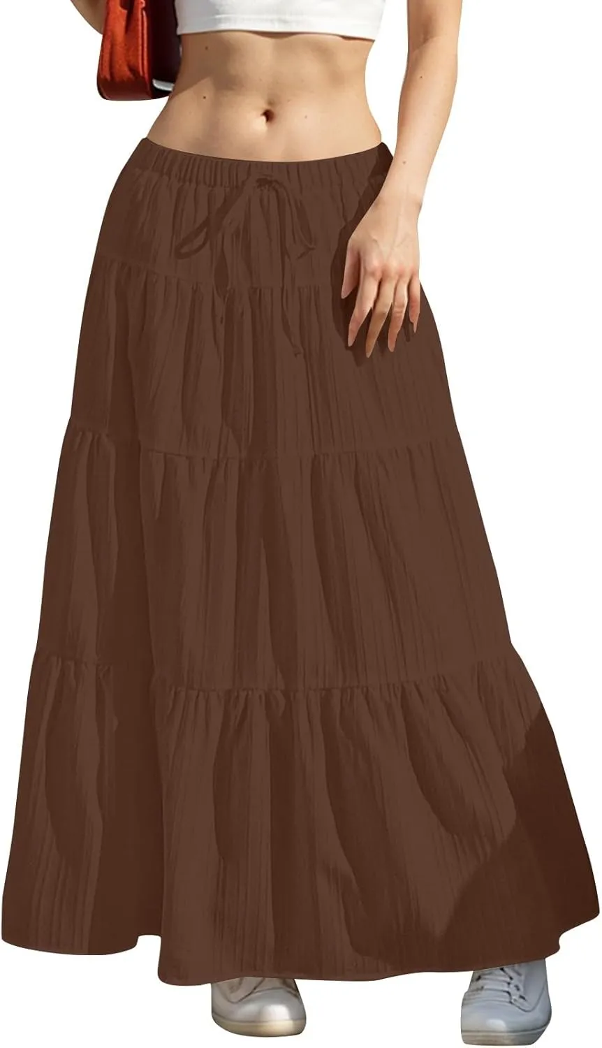 Skirt for Women Summer 2025 Trendy Boho Elastic High Waisted A-Line Flowy Ruffle Swing Long Tiered Maxi Skirts
