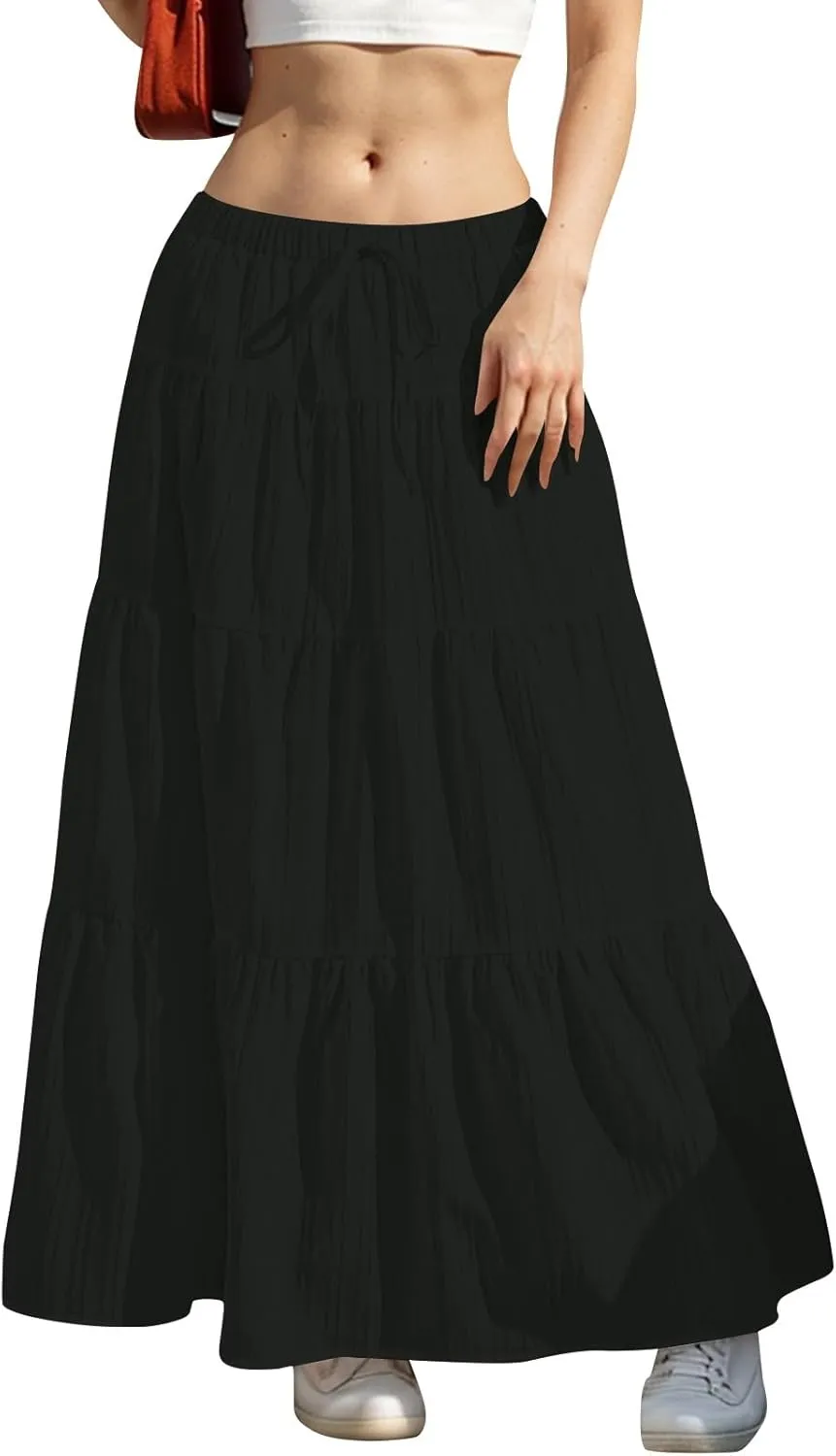 Skirt for Women Summer 2025 Trendy Boho Elastic High Waisted A-Line Flowy Ruffle Swing Long Tiered Maxi Skirts