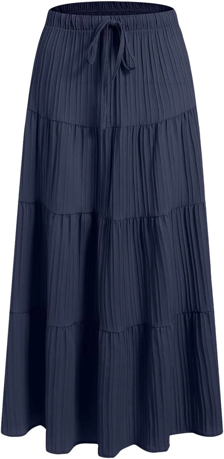 Skirt for Women Summer 2025 Trendy Boho Elastic High Waisted A-Line Flowy Ruffle Swing Long Tiered Maxi Skirts