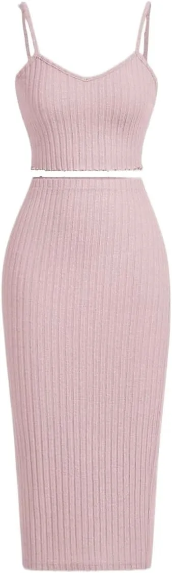 Skirt Sets Women 2 Piece Outfits, Knitted Bodycon Camisole Top And Long Skirt Set For Women