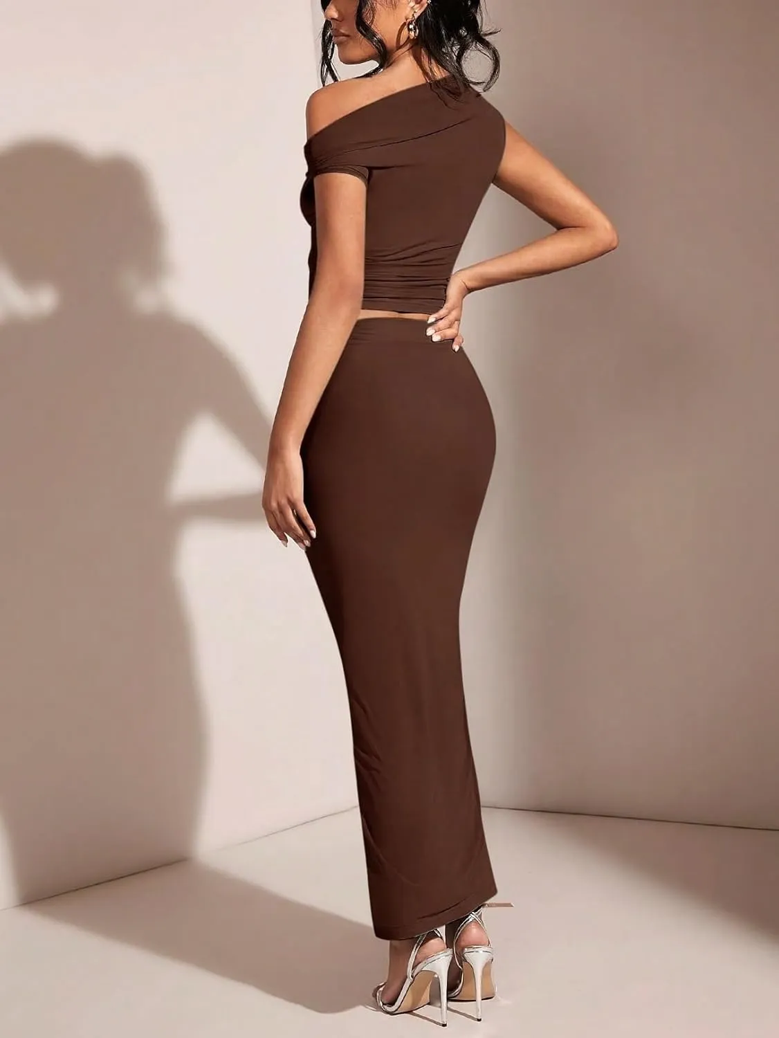 Skirt Sets Women 2 Piece Outfits, Solid Color Asymmetrical Neck Ruched Top & Pencil Skirt For Women