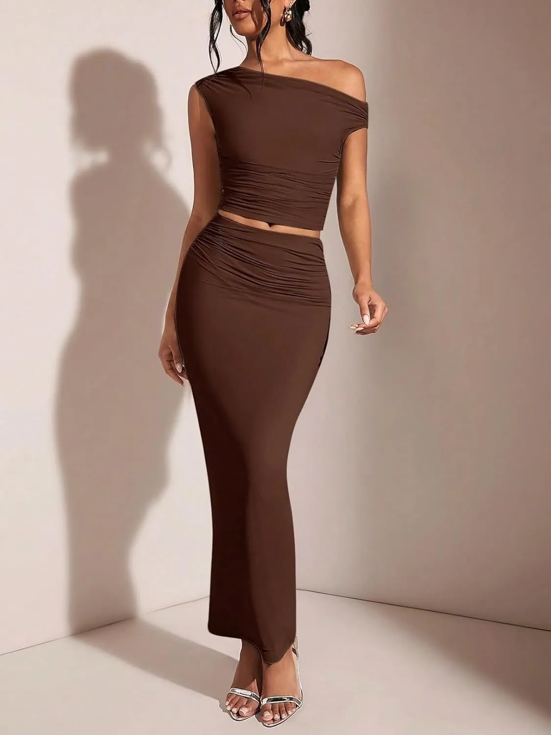 Skirt Sets Women 2 Piece Outfits, Solid Color Asymmetrical Neck Ruched Top & Pencil Skirt For Women