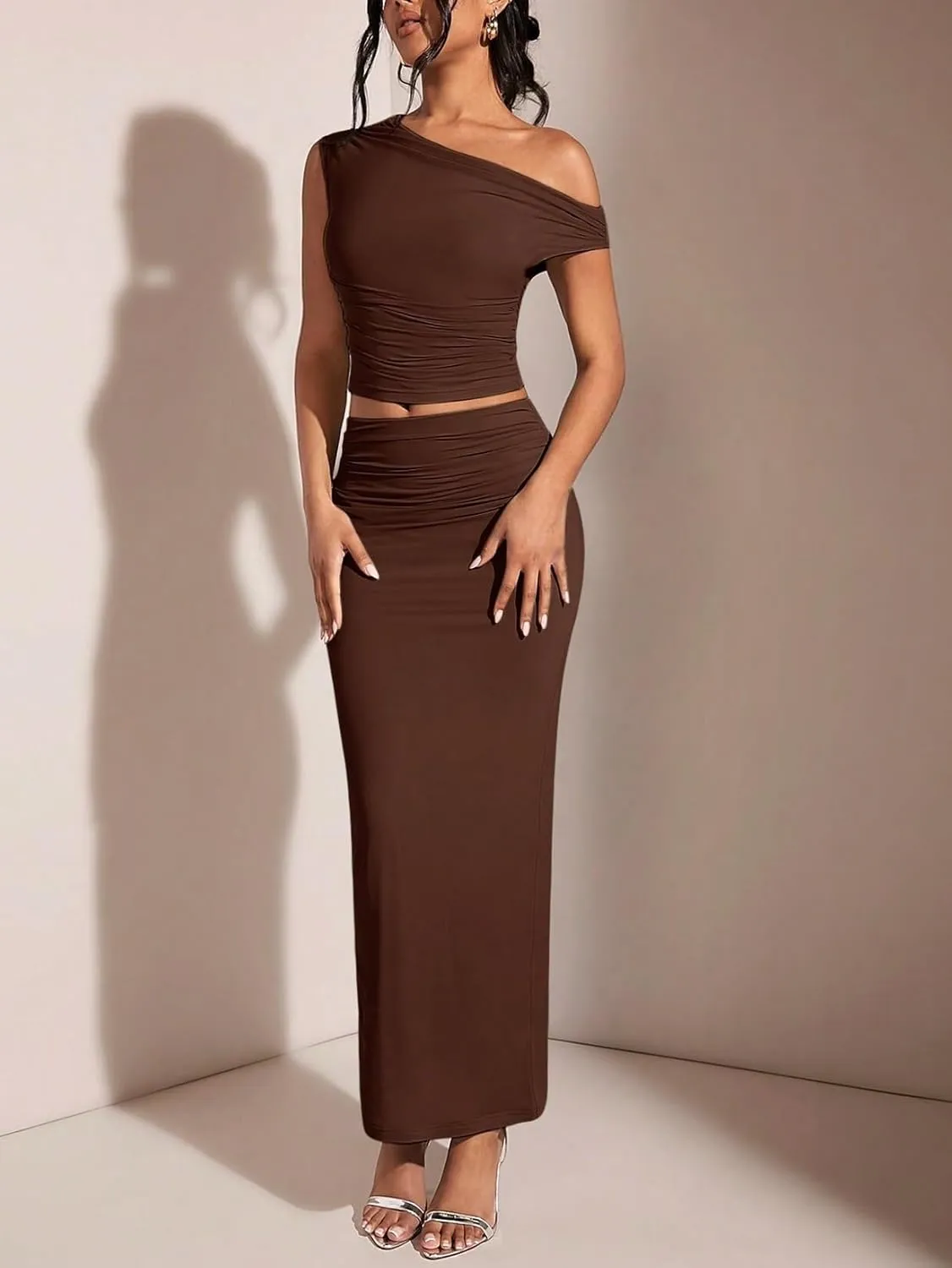 Skirt Sets Women 2 Piece Outfits, Solid Color Asymmetrical Neck Ruched Top & Pencil Skirt For Women