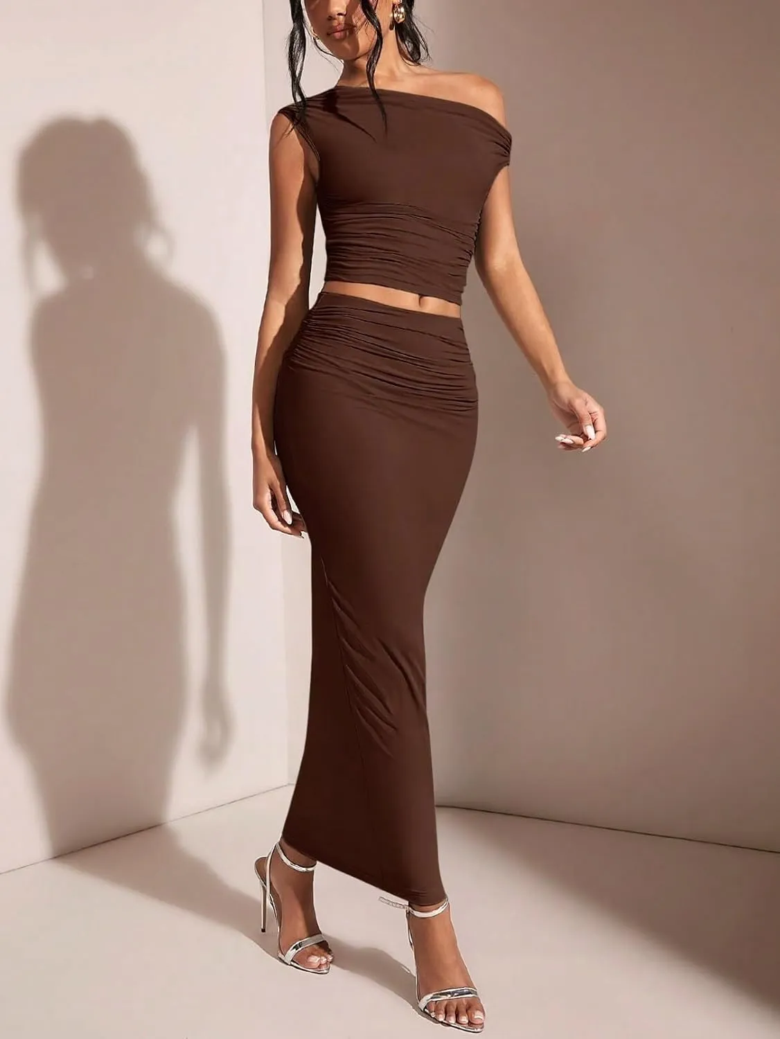Skirt Sets Women 2 Piece Outfits, Solid Color Asymmetrical Neck Ruched Top & Pencil Skirt For Women