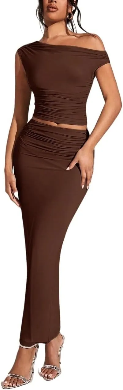 Skirt Sets Women 2 Piece Outfits, Solid Color Asymmetrical Neck Ruched Top & Pencil Skirt For Women