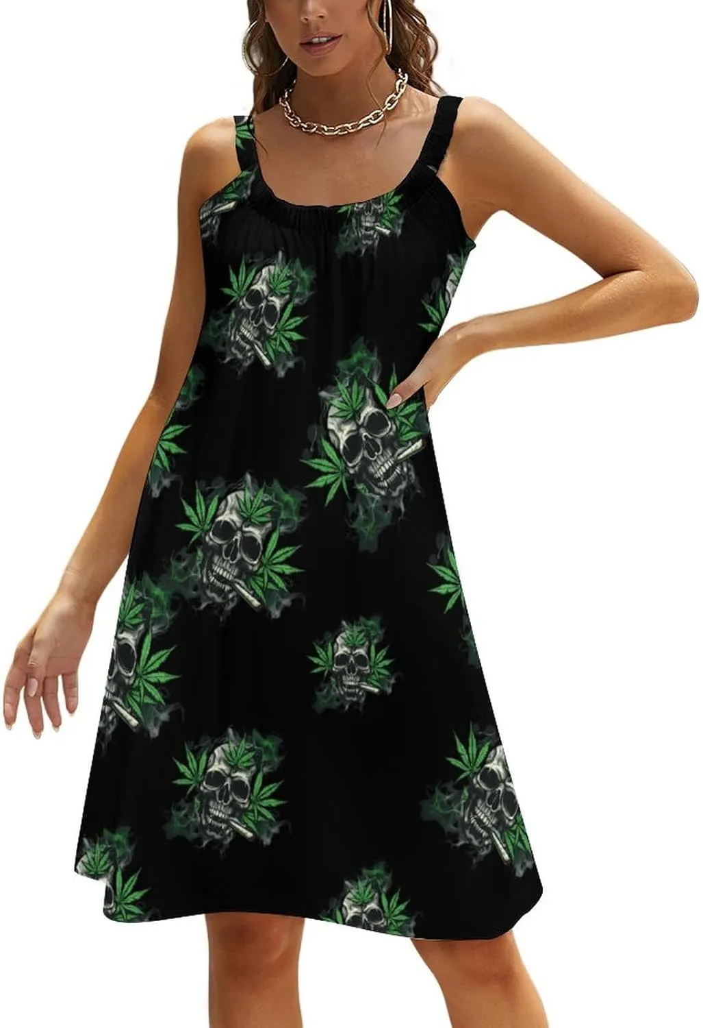 Skull With Weed Leaf Spaghetti Strap Dresses for Women Sleeveless Plus Size Loose Midi Beach Vacation Dress