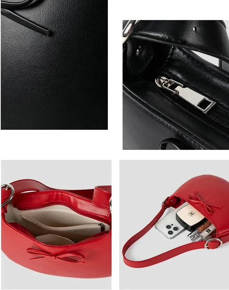 Slouchy Bow PU Leather Hobo Bags Women Trendy Underarm Shoulder Bag Cute Crescent Crossbody Purse Satchel Tote Handbag