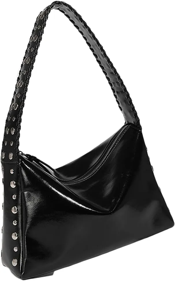 Slouchy PU Leather Hobo Bags Women Trendy Underarm Shoulder Bag Crescent Crossbody Purse Studded Satchel Tote Handbag