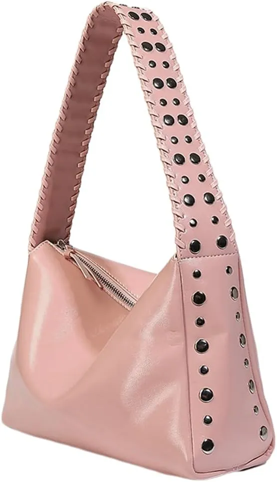 Slouchy PU Leather Hobo Bags Women Trendy Underarm Shoulder Bag Crescent Crossbody Purse Studded Satchel Tote Handbag