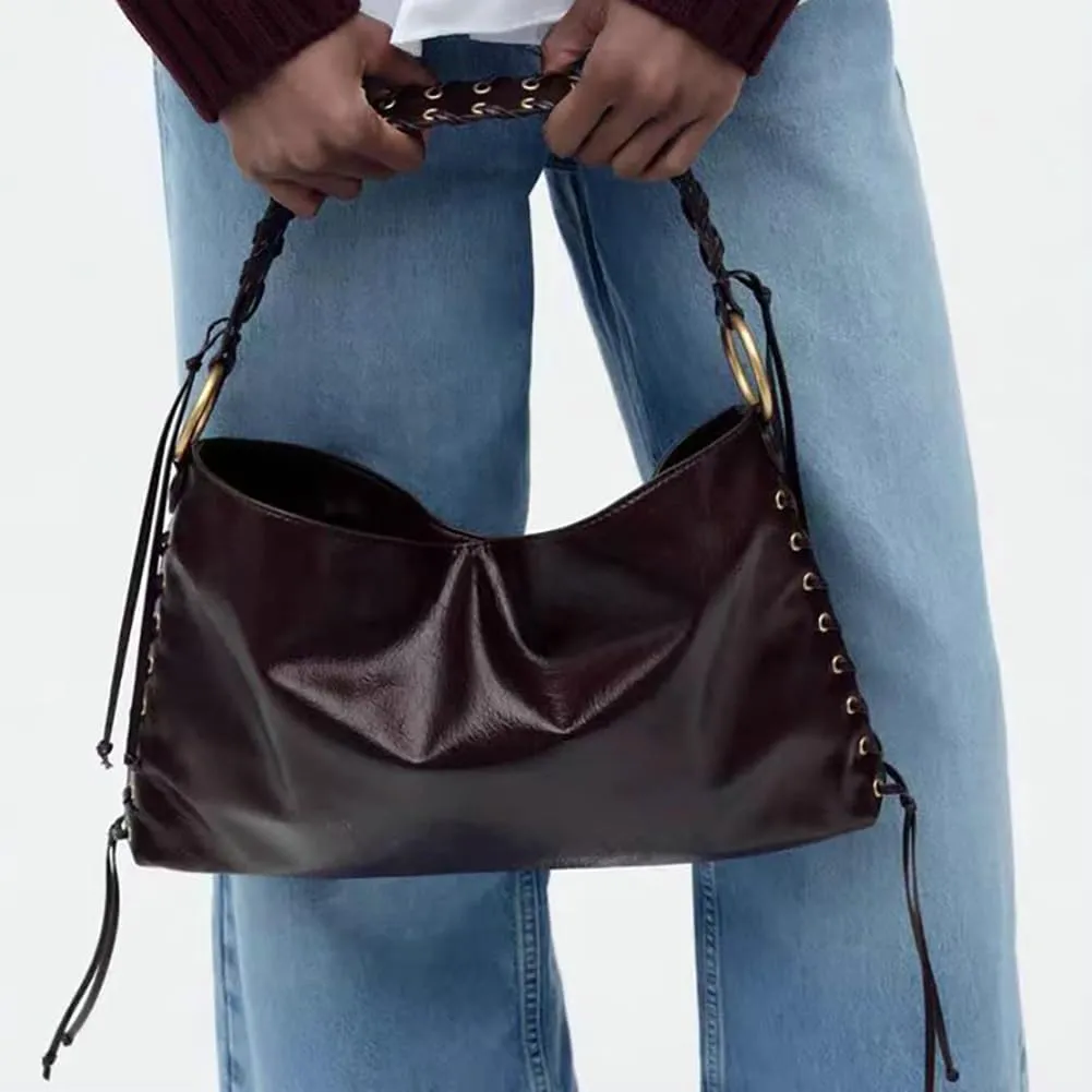 Slouchy PU Leather Punk Hobo Bags Women Trendy Underarm Shoulder Bag Cute Satchel Crescent Crossbody Purse Tote Handbag