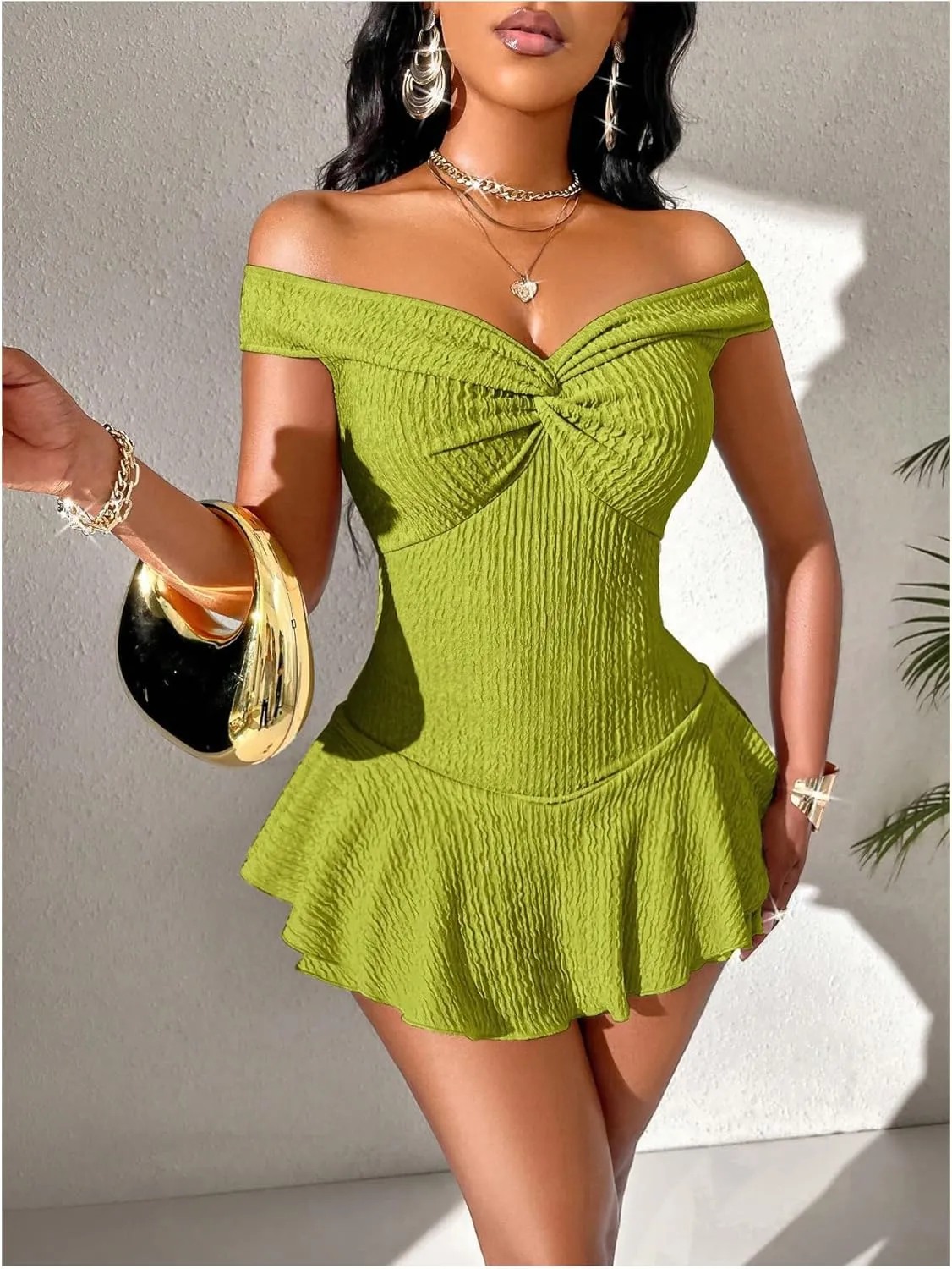 SOLY HUX Women's Off the Shoulder Romper Twist Front Ruffle Hem Short Jumpsuit