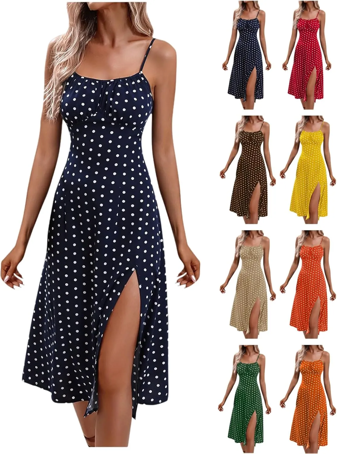 Spaghetti Strap Dresses for Women 2025 Polka Dot Midi Dress Sleeveless Slit Summer Sundress Beach Vacation Sexy Dress