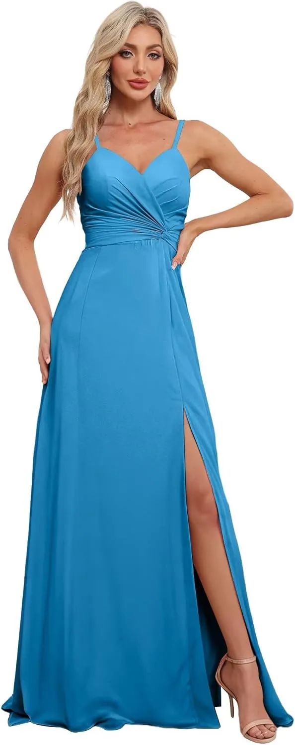 Spaghetti Straps Chiffon Bridesmaid Dresses with Slit for Women Long A Line V-Neck Formal Evening Dress