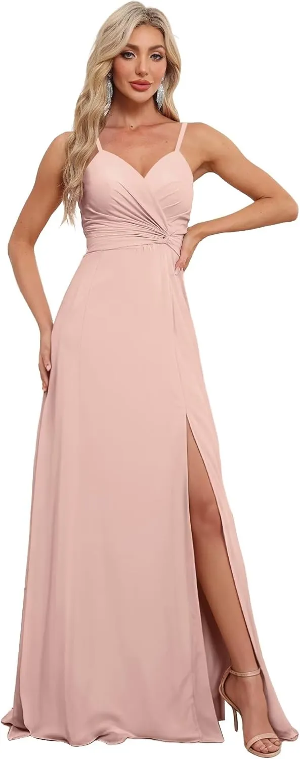 Spaghetti Straps Chiffon Bridesmaid Dresses with Slit for Women Long A Line V-Neck Formal Evening Dress