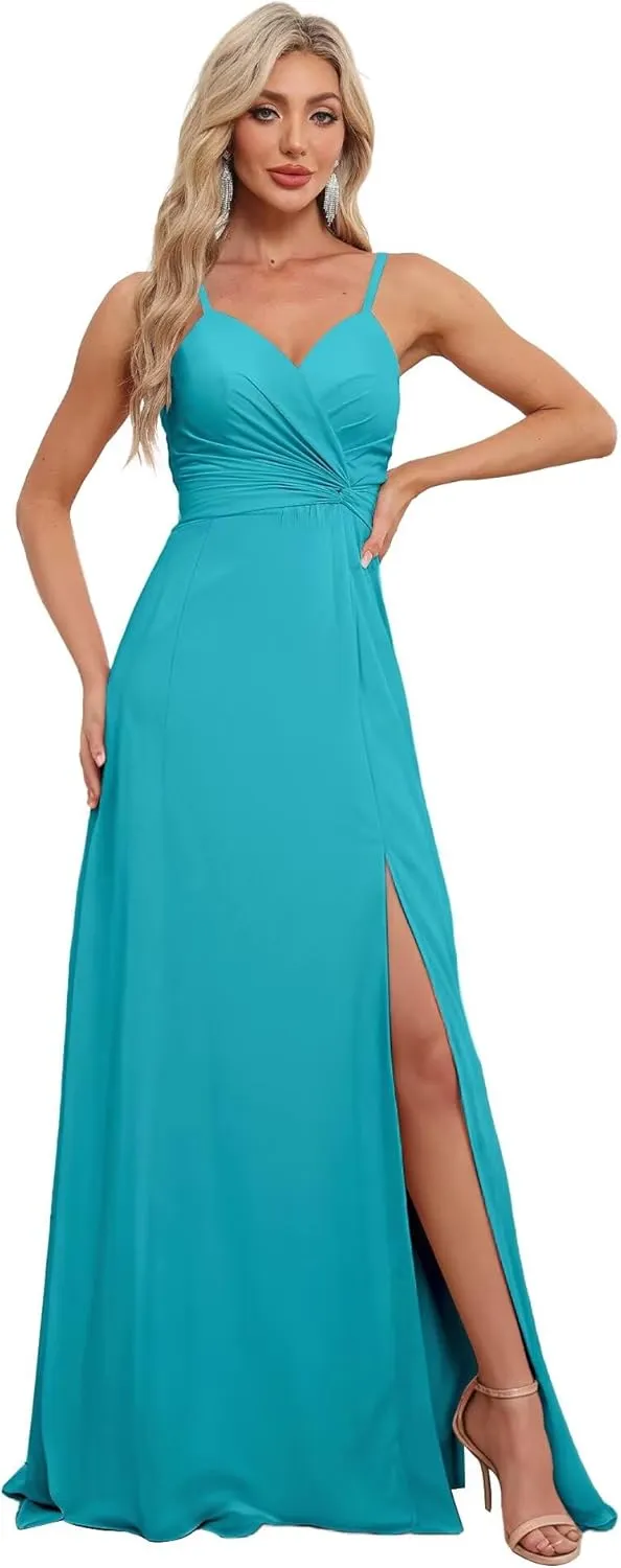 Spaghetti Straps Chiffon Bridesmaid Dresses with Slit for Women Long A Line V-Neck Formal Evening Dress