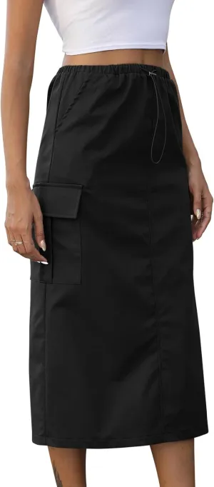 Split Back Long Cargo Skirts Y2K High Waist Pencil Midi Skirt Drawstring Vintage Streetwear with Pockets