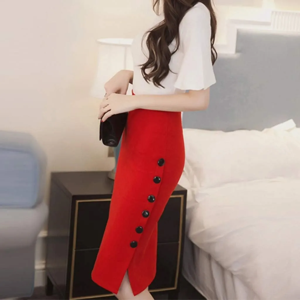 Split Size Office Multiple Pencil Womens High Skirt Waisted Button Skirt Ladies Pleated Midi Skirts for Women