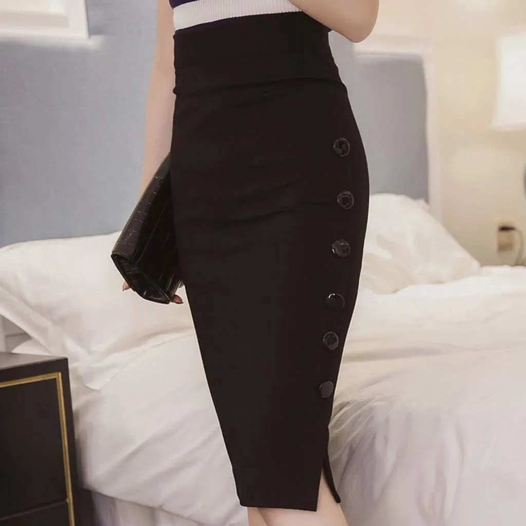 Split Size Office Multiple Pencil Womens High Skirt Waisted Button Skirt Ladies Pleated Midi Skirts for Women