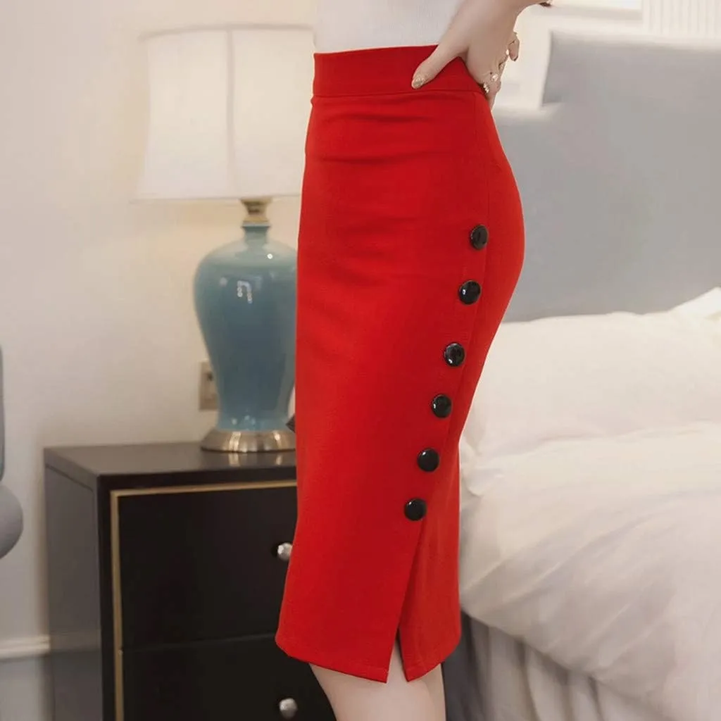 Split Size Office Multiple Pencil Womens High Skirt Waisted Button Skirt Ladies Pleated Midi Skirts for Women