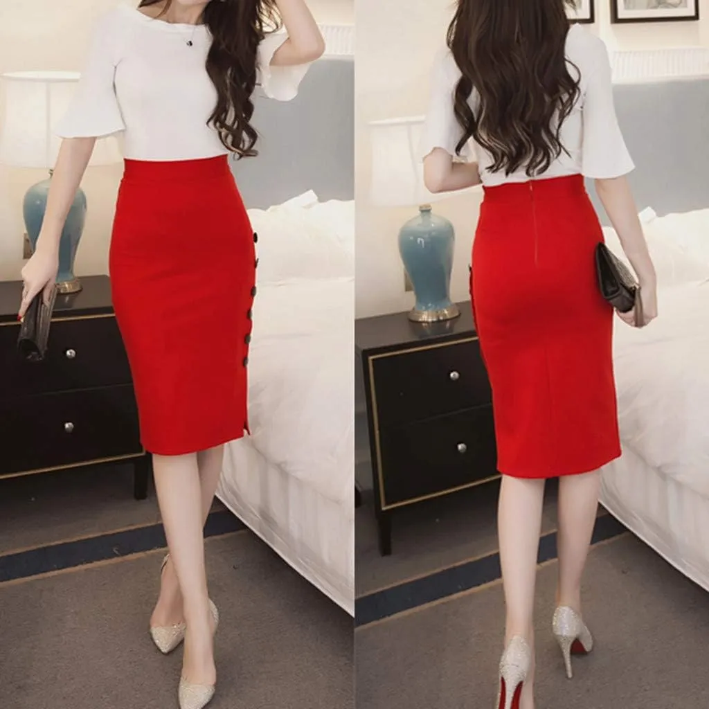 Split Size Office Multiple Pencil Womens High Skirt Waisted Button Skirt Ladies Pleated Midi Skirts for Women
