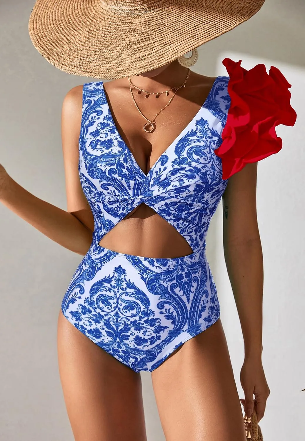 SPORLIKE Women One Piece Swimsuit Twist Front Flounce Bathing Suit Padded Monokini