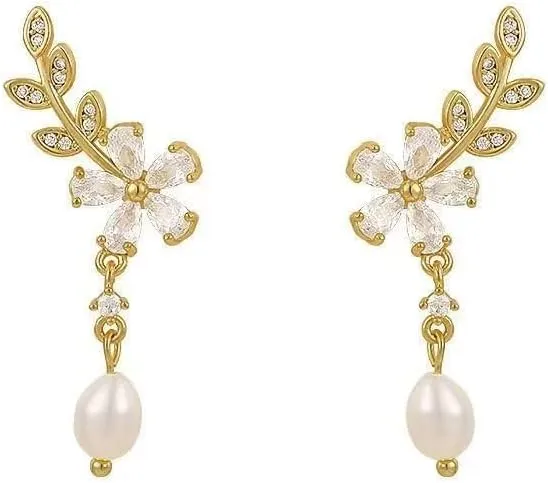 Stocking Stuffers Holiday Outfits for Women 2024 Pearl Earrings for Women Pearl Flower Earrings Pearl Dangle Earrings Wedding Bridal Jewelry Gifts for Her