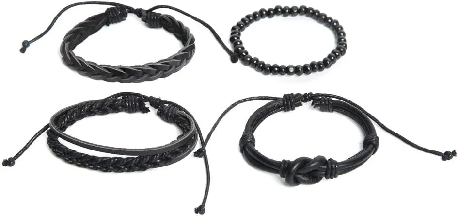 STWTR Mix 4 Wrap Bracelets Men Women, Hemp Cords Wood Beads Ethnic Tribal Bracelets, Leather Wristbands