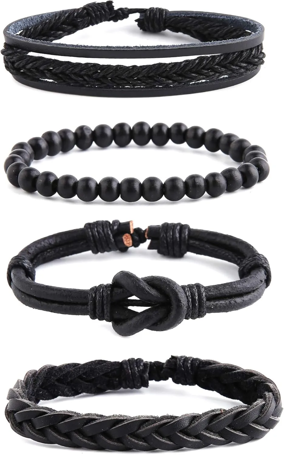 STWTR Mix 4 Wrap Bracelets Men Women, Hemp Cords Wood Beads Ethnic Tribal Bracelets, Leather Wristbands