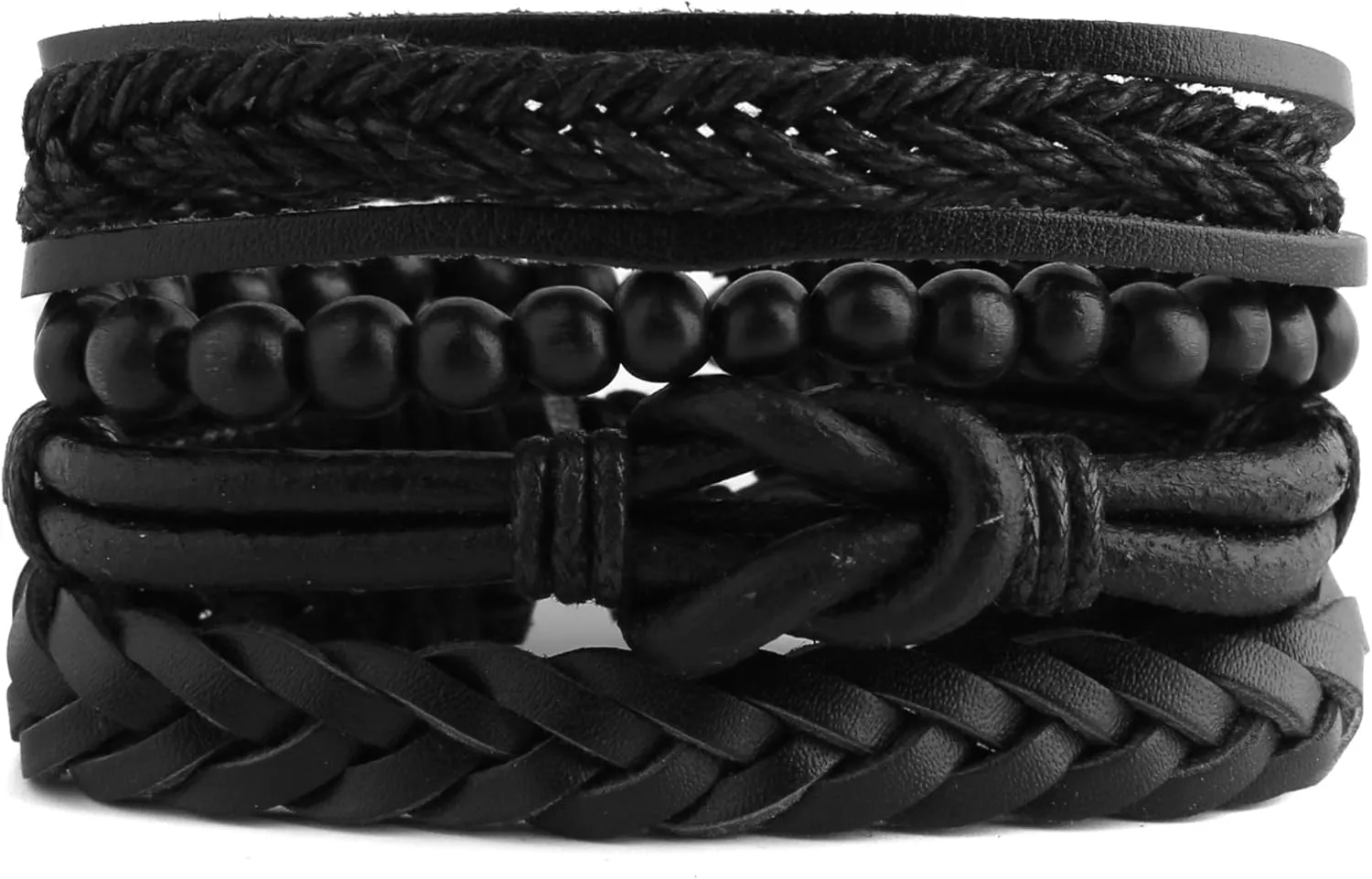 STWTR Mix 4 Wrap Bracelets Men Women, Hemp Cords Wood Beads Ethnic Tribal Bracelets, Leather Wristbands