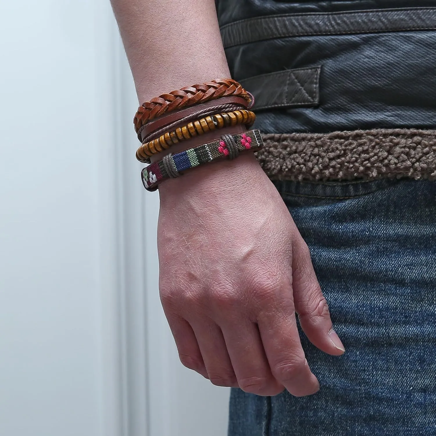 STWTR Mix 8 Wrap Bracelets Men Women, Hemp Cords Wood Beads Ethnic Tribal Bracelets, Leather Wristbands