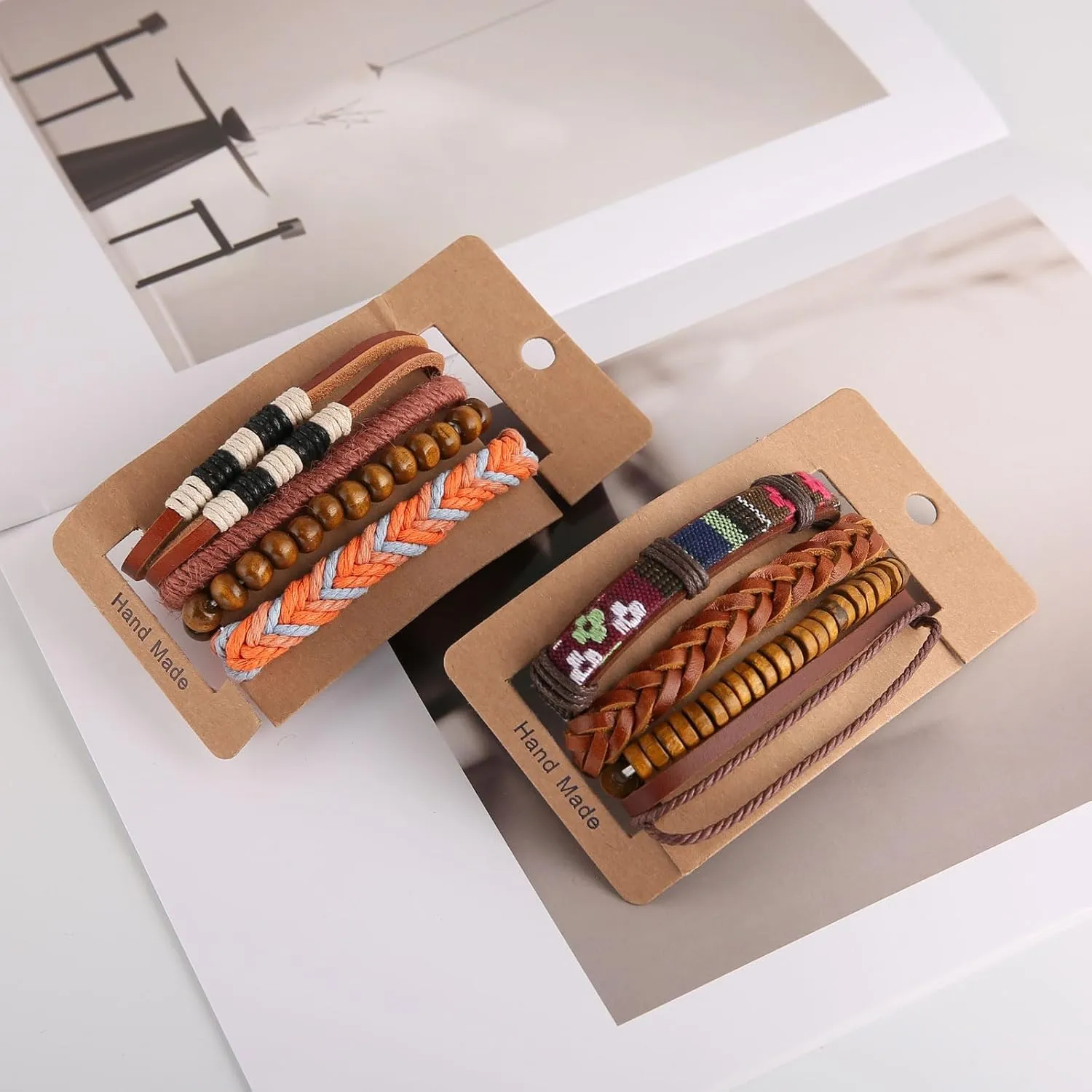 STWTR Mix 8 Wrap Bracelets Men Women, Hemp Cords Wood Beads Ethnic Tribal Bracelets, Leather Wristbands