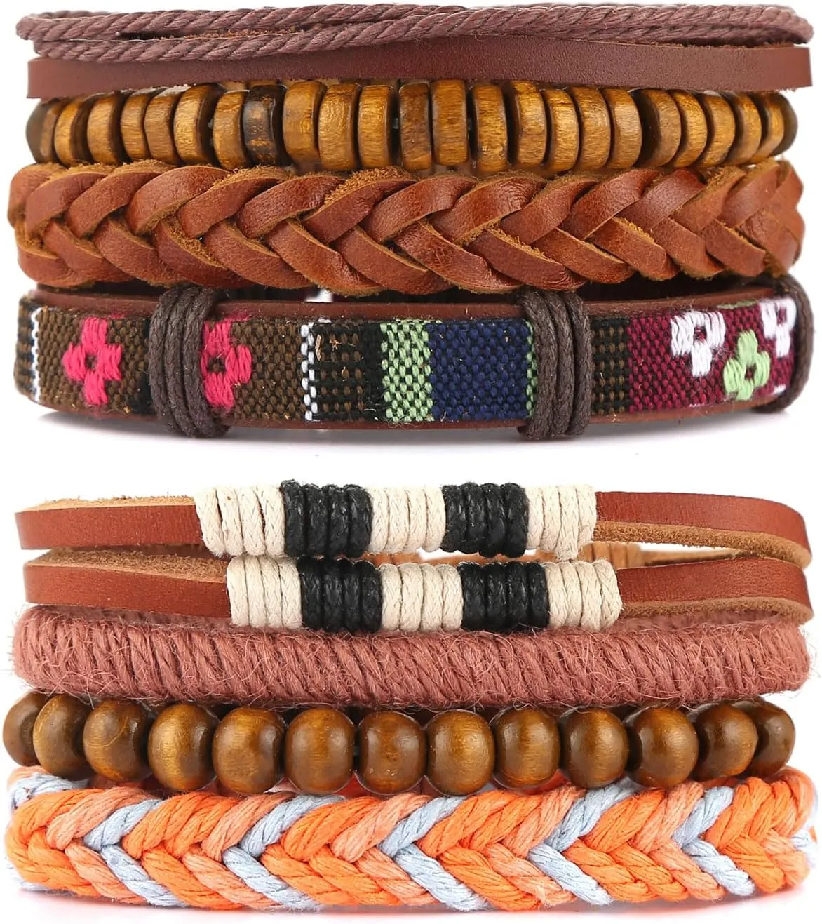 STWTR Mix 8 Wrap Bracelets Men Women, Hemp Cords Wood Beads Ethnic Tribal Bracelets, Leather Wristbands