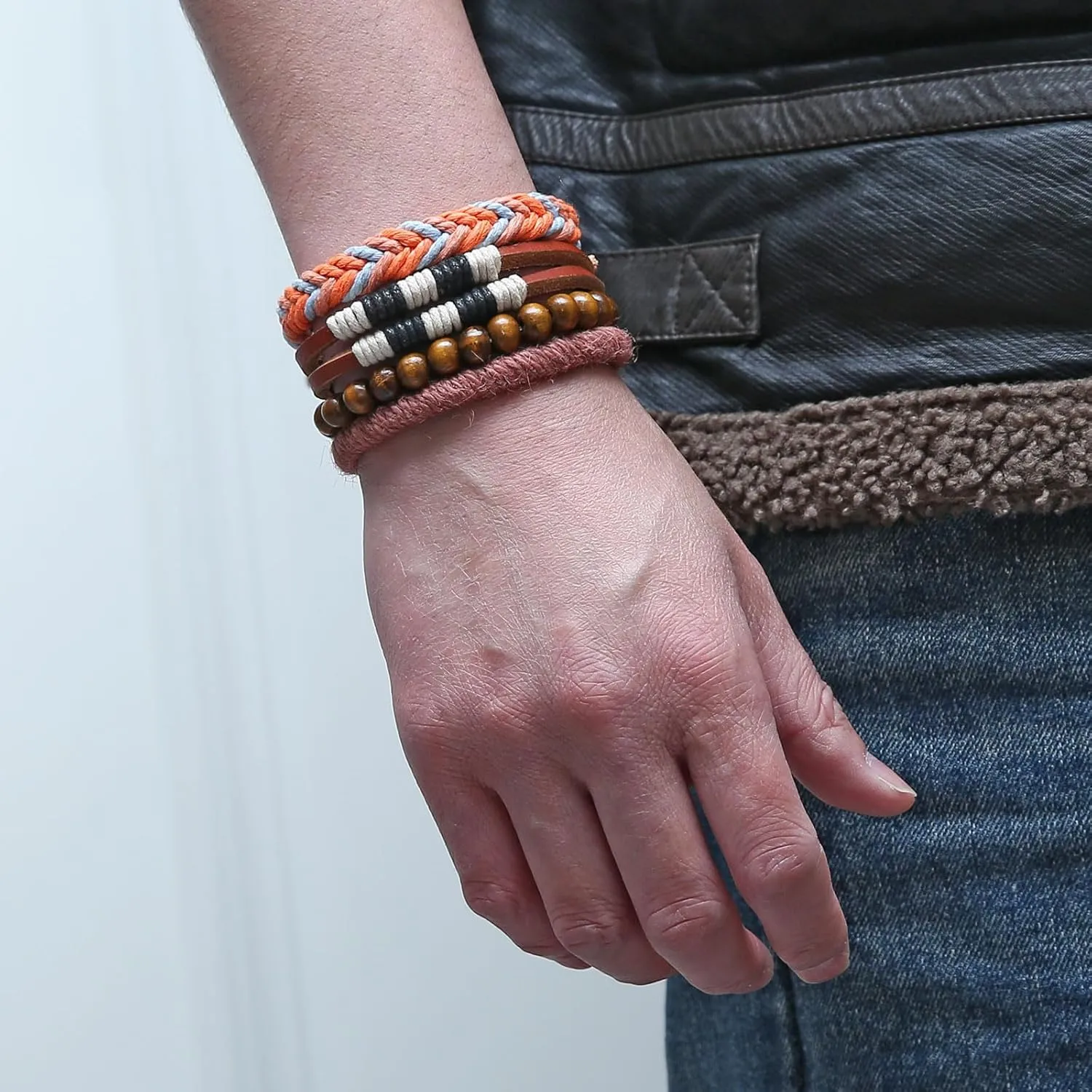 STWTR Mix 8 Wrap Bracelets Men Women, Hemp Cords Wood Beads Ethnic Tribal Bracelets, Leather Wristbands