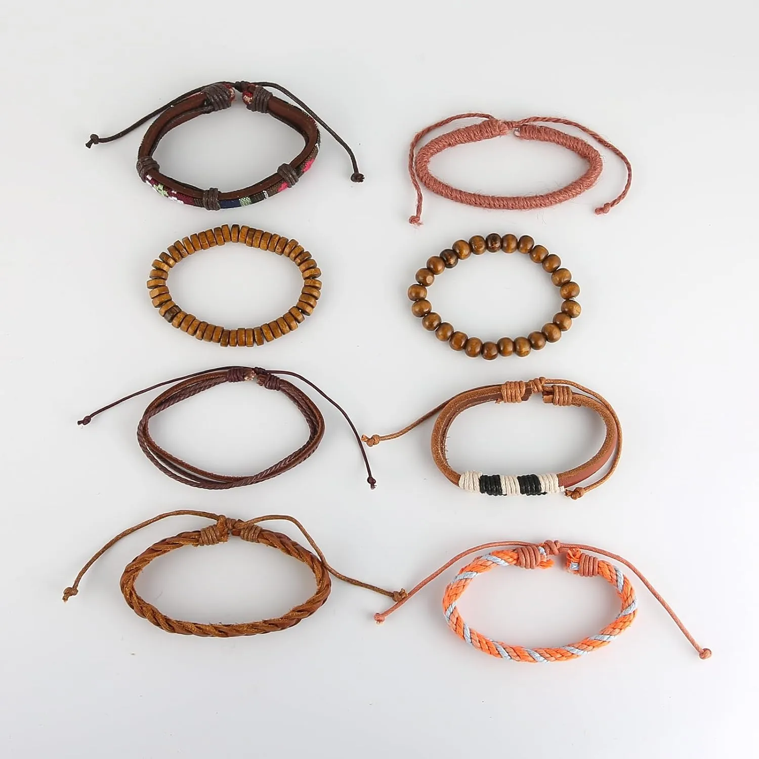 STWTR Mix 8 Wrap Bracelets Men Women, Hemp Cords Wood Beads Ethnic Tribal Bracelets, Leather Wristbands