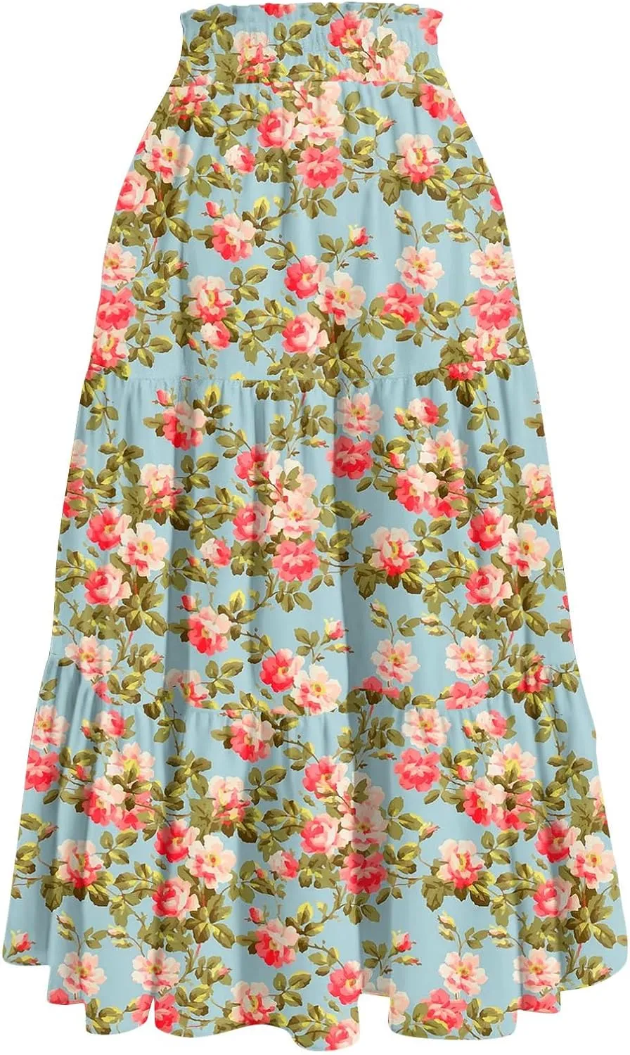 Summer Boho Maxi Skirt Floral Casual Drawstring Elastic High Waist Long Skirts A Line Pleated Tiered Going Out Skirts