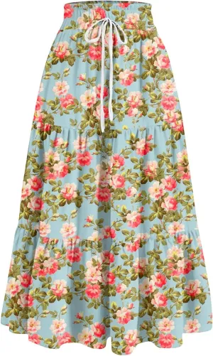 Summer Boho Maxi Skirt Floral Casual Drawstring Elastic High Waist Long Skirts A Line Pleated Tiered Going Out Skirts