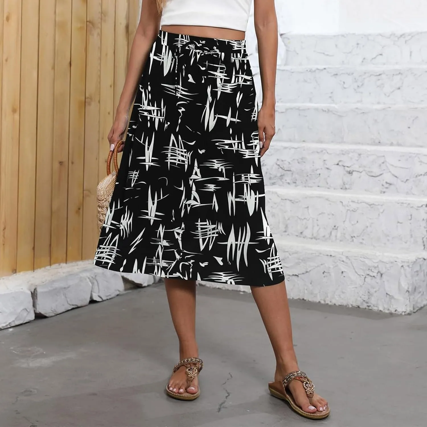 Summer Midi Skirts for Women 2025 Vacation Flowy Beach Skirt Drawstring High Waisted A-Line Boho Skirt with Pockets