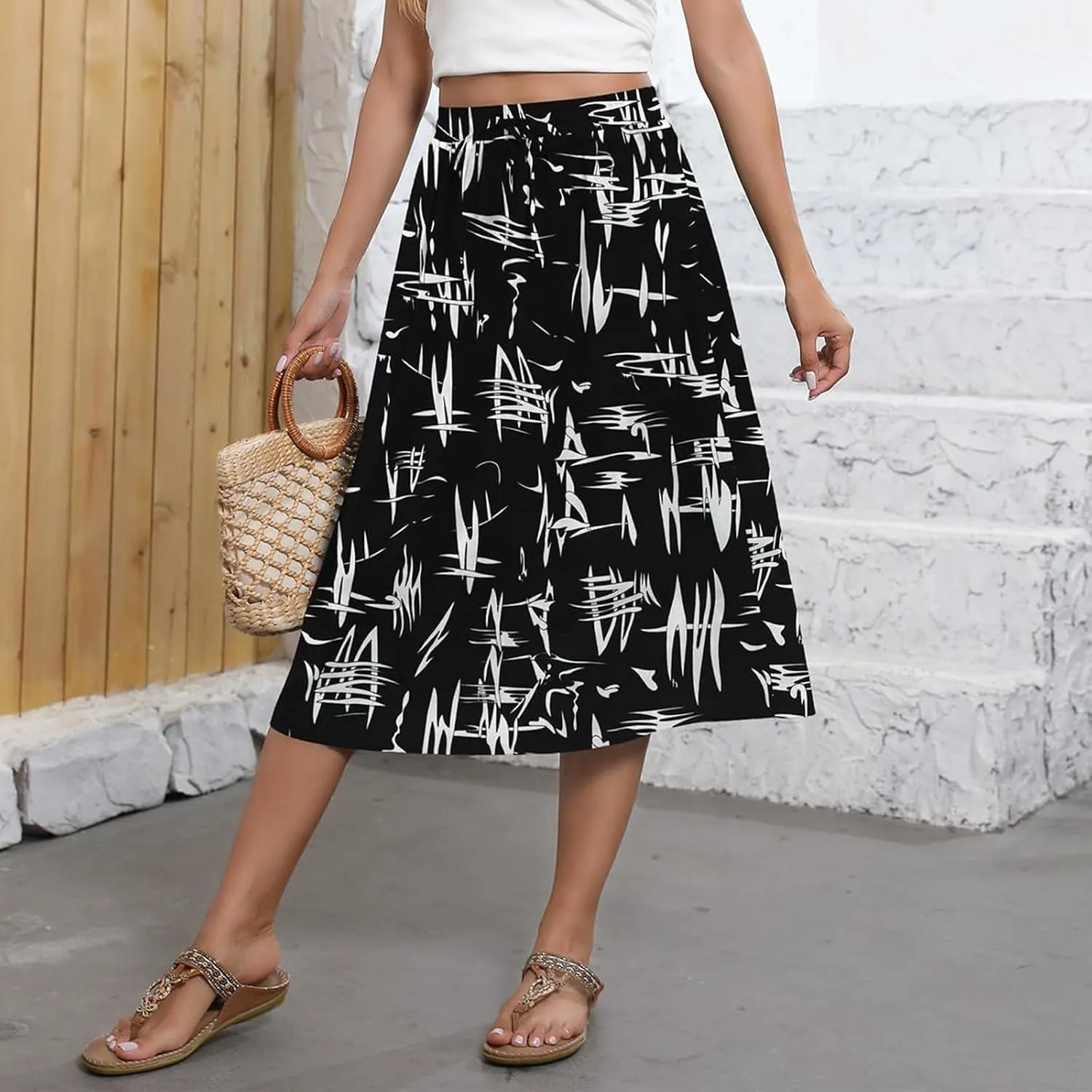 Summer Midi Skirts for Women 2025 Vacation Flowy Beach Skirt Drawstring High Waisted A-Line Boho Skirt with Pockets
