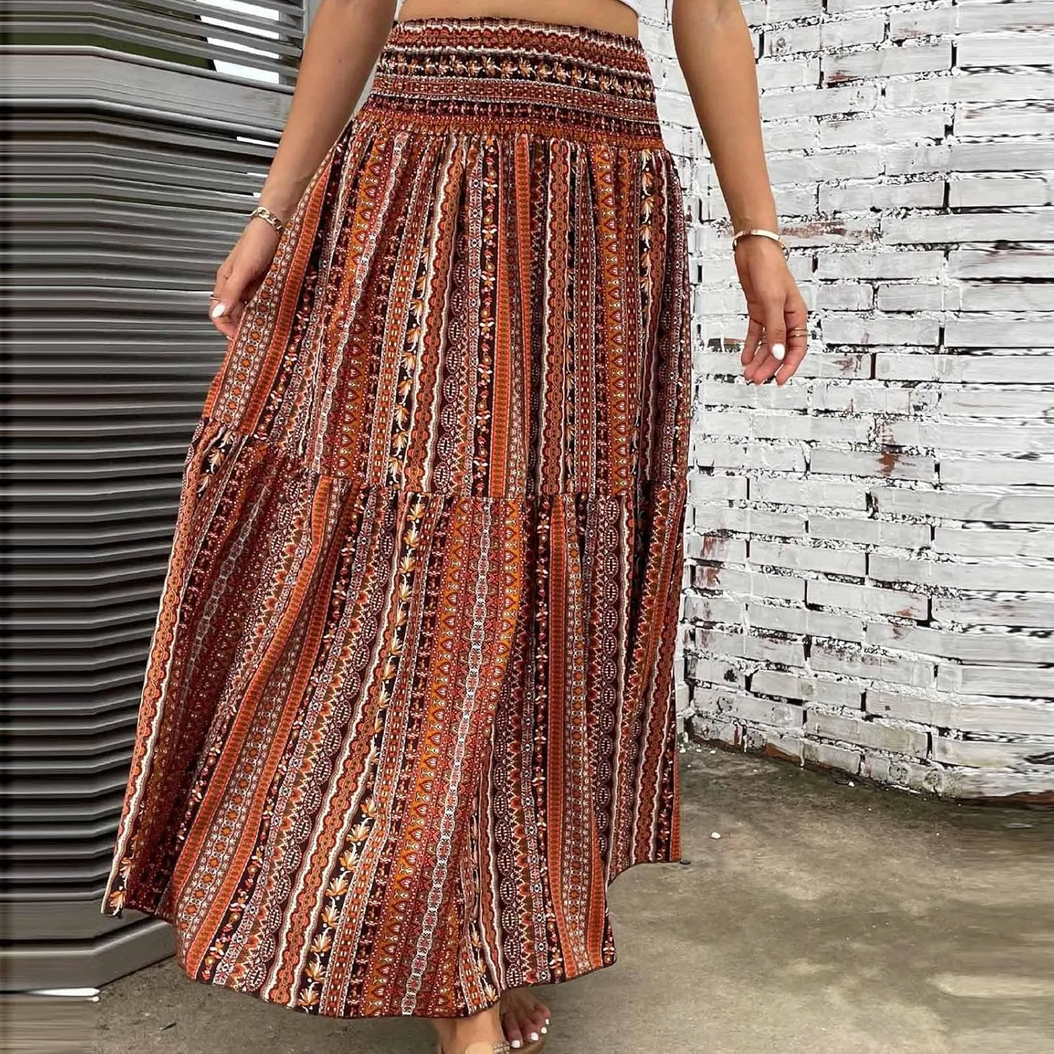 Summer Skirts for Women Boho Floral Print Smocked High Waist A Line Pleated Maxi Skirts Beach Vacation Flowy Long Skirt