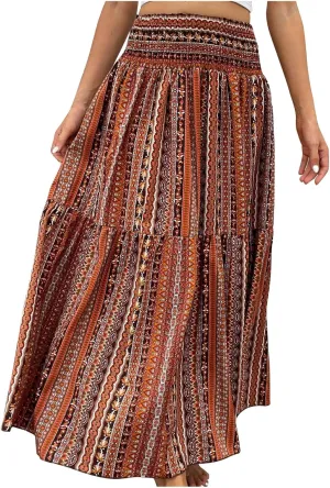 Summer Skirts for Women Boho Floral Print Smocked High Waist A Line Pleated Maxi Skirts Beach Vacation Flowy Long Skirt