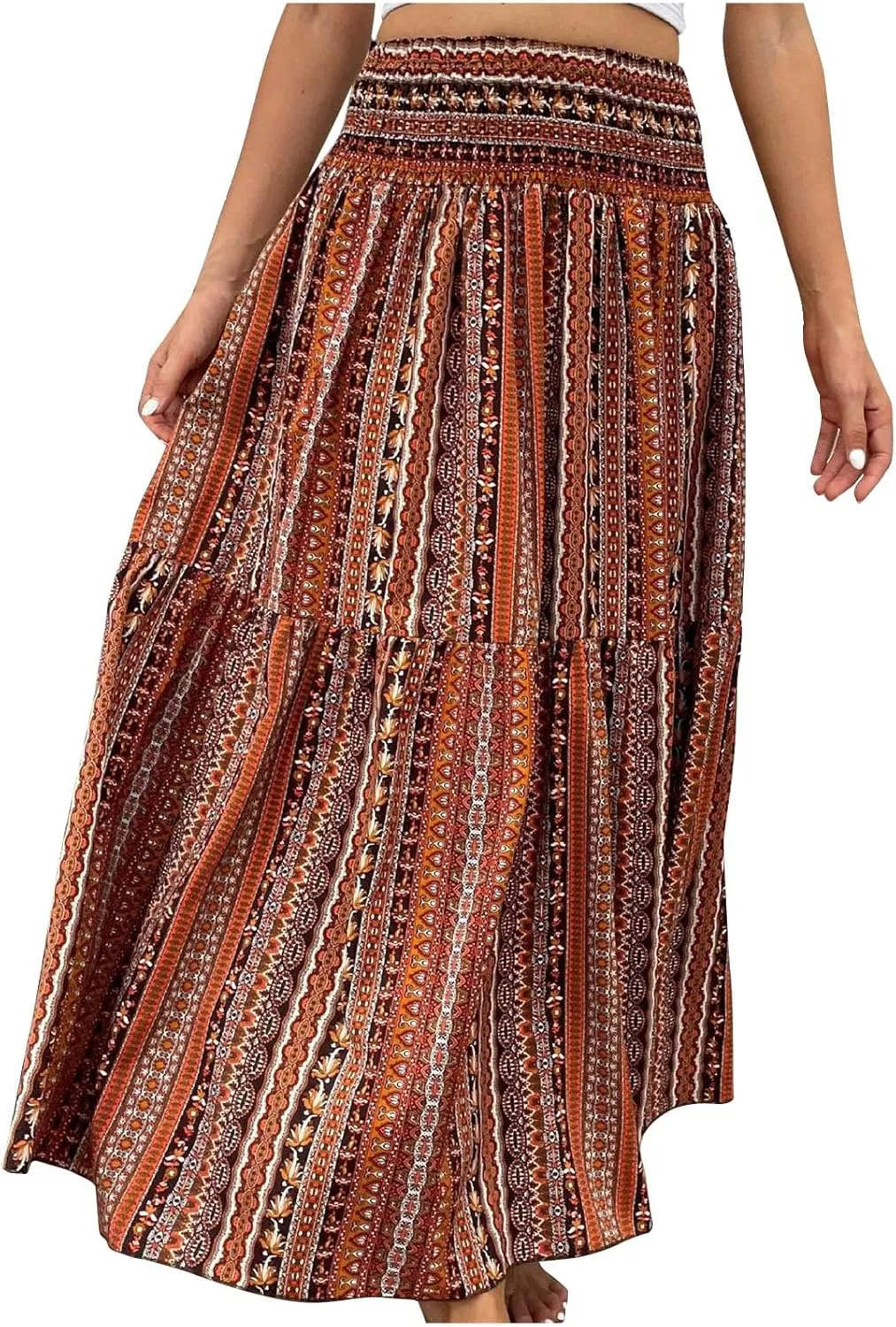 Summer Skirts for Women Boho Floral Print Smocked High Waist A Line Pleated Maxi Skirts Beach Vacation Flowy Long Skirt