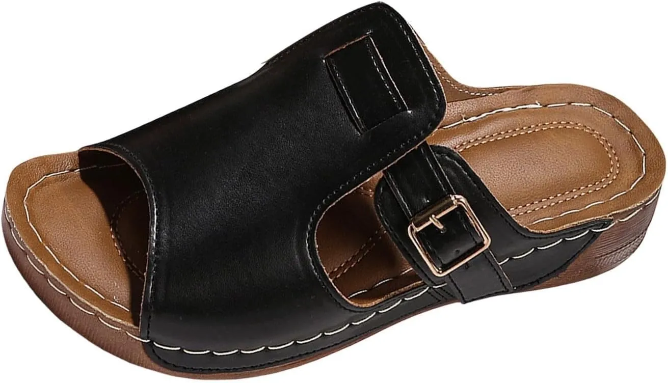 Summer Wedges for Women 2025 Wide Width Platform Slides Breathable Orthotic Sandals Dressy Adjustable Slip on Buckle Slipper