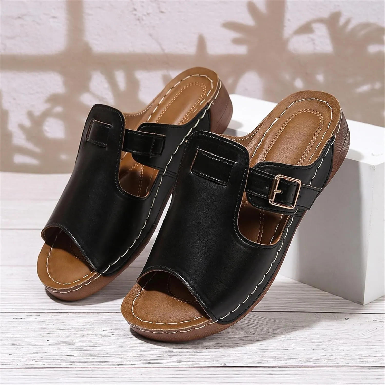Summer Wedges for Women 2025 Wide Width Platform Slides Breathable Orthotic Sandals Dressy Adjustable Slip on Buckle Slipper
