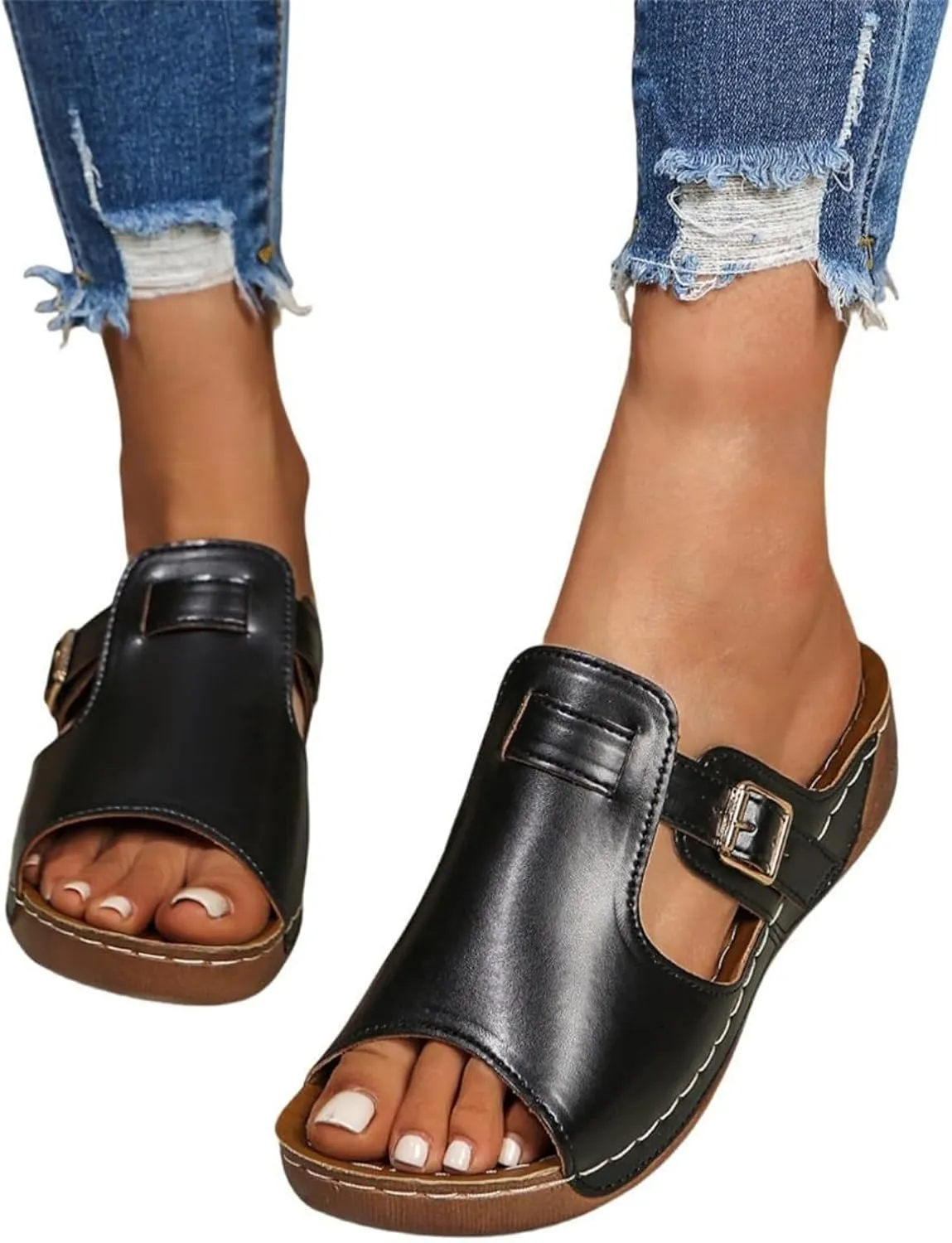 Summer Wedges for Women 2025 Wide Width Platform Slides Breathable Orthotic Sandals Dressy Adjustable Slip on Buckle Slipper