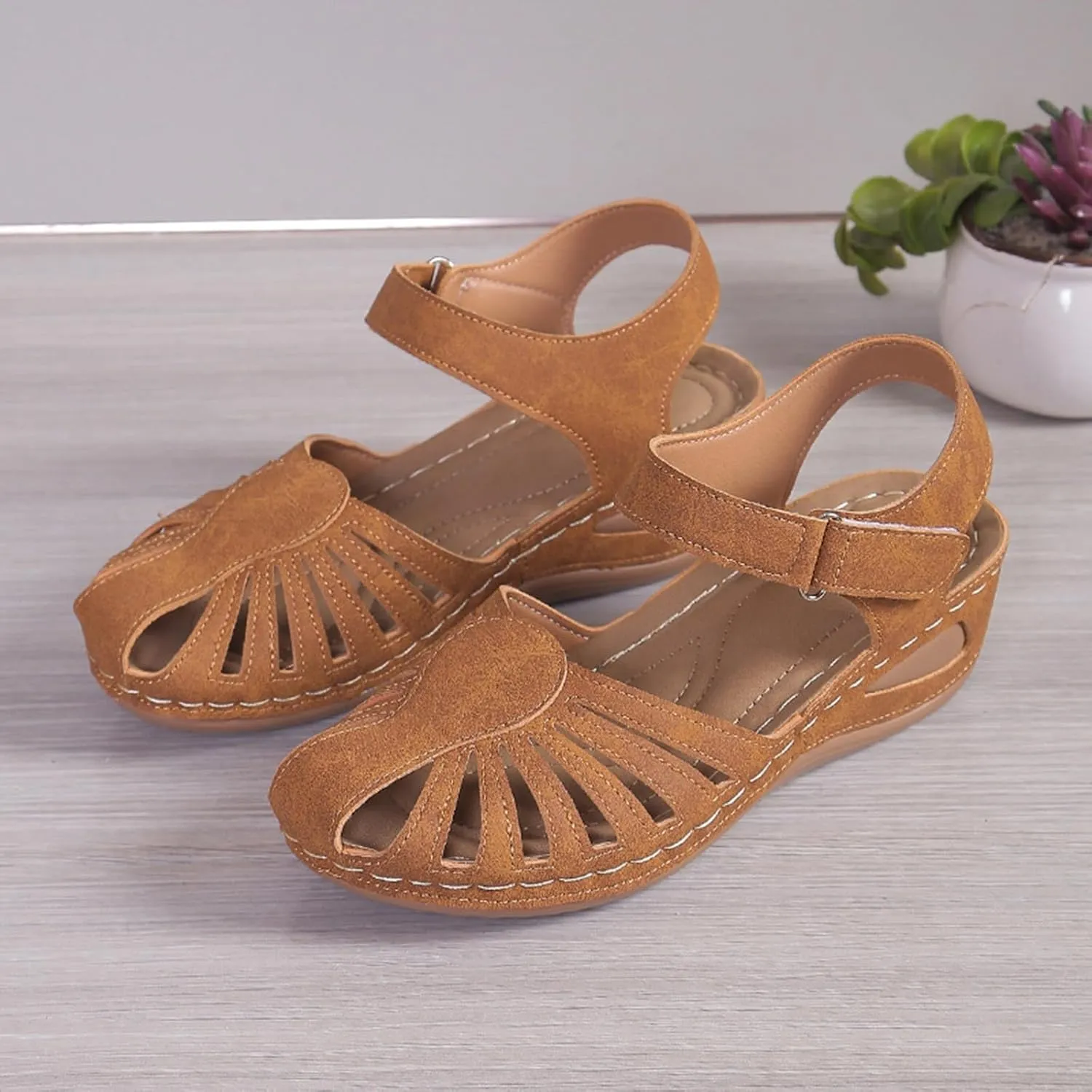 Summer Wedges for Women 2025 with Arch Support Close Toe Orthopedic Sandals Hollow Out Slip On Beach Sandals Adjustable Buckle Orthotic Shoes