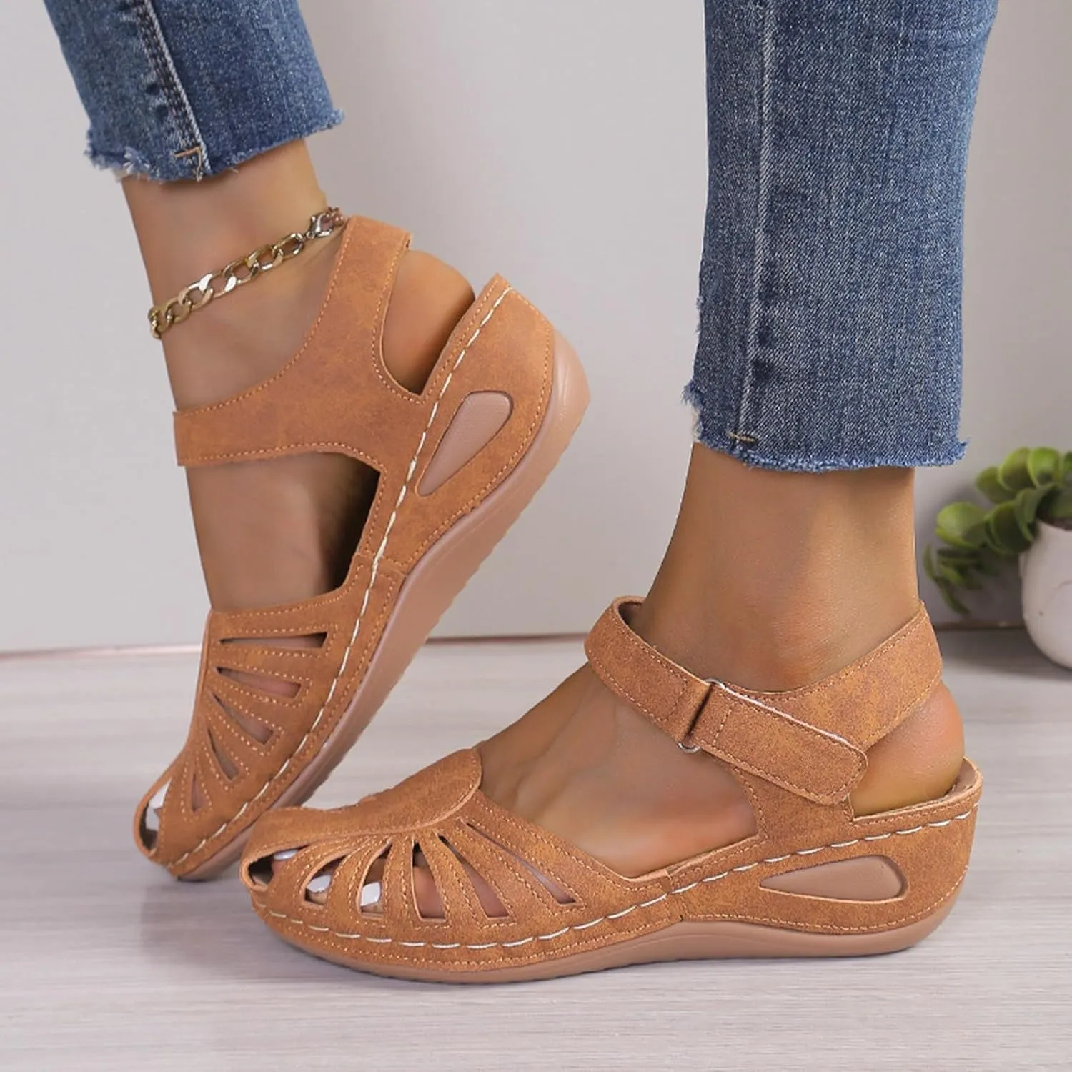 Summer Wedges for Women 2025 with Arch Support Close Toe Orthopedic Sandals Hollow Out Slip On Beach Sandals Adjustable Buckle Orthotic Shoes