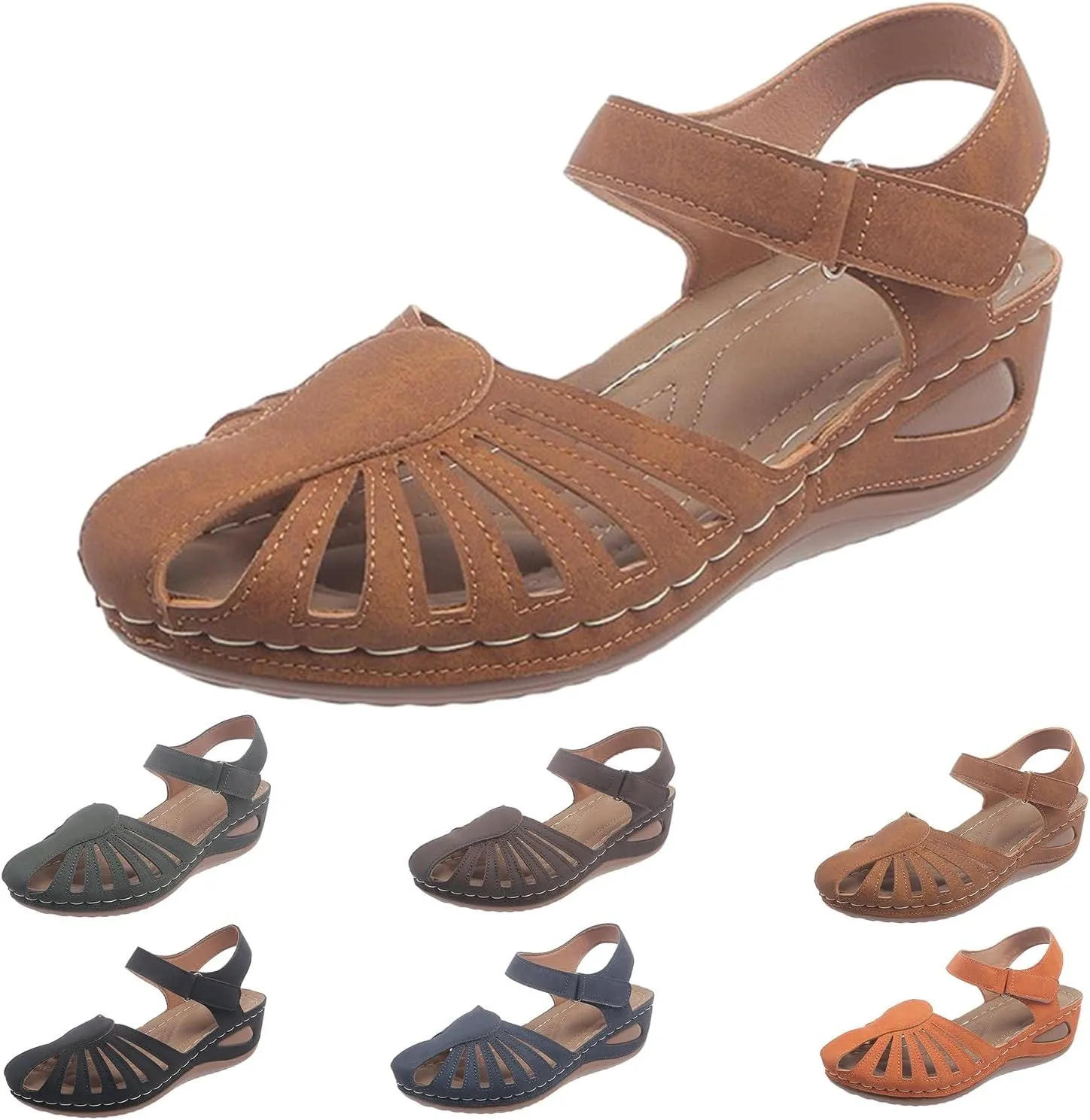 Summer Wedges for Women 2025 with Arch Support Close Toe Orthopedic Sandals Hollow Out Slip On Beach Sandals Adjustable Buckle Orthotic Shoes