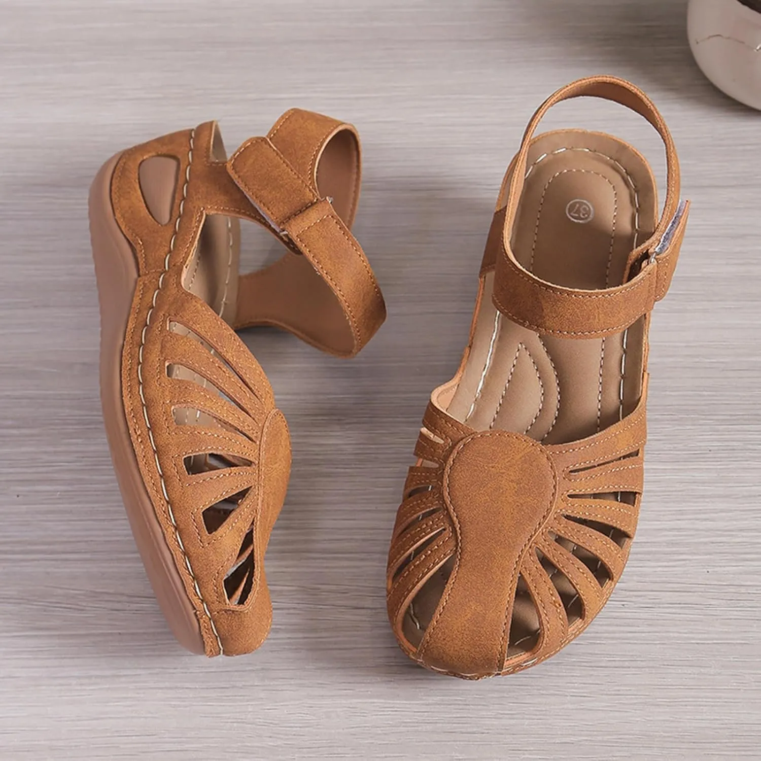 Summer Wedges for Women 2025 with Arch Support Close Toe Orthopedic Sandals Hollow Out Slip On Beach Sandals Adjustable Buckle Orthotic Shoes